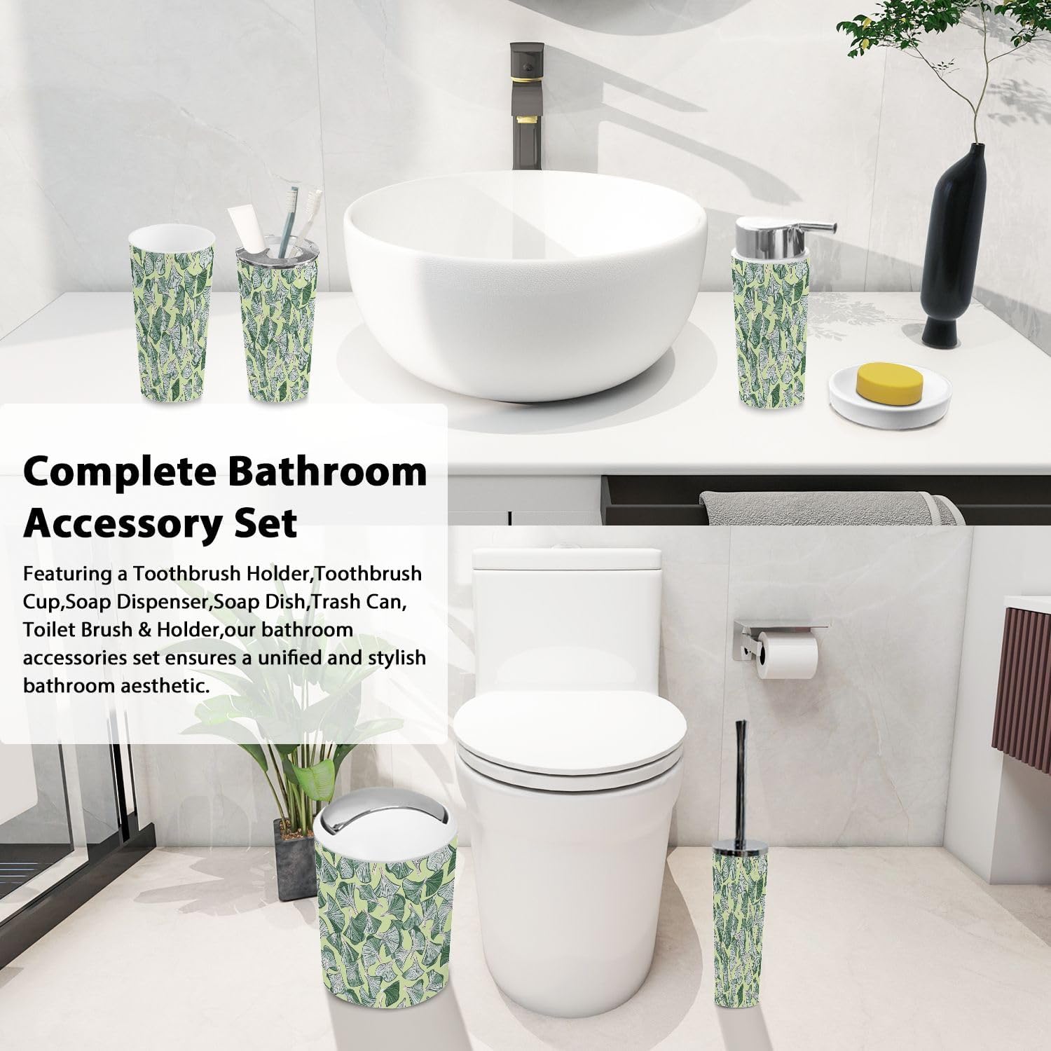 Boho Japanese Ginkgo Leaf Bathroom Accessory Set 6 Piece