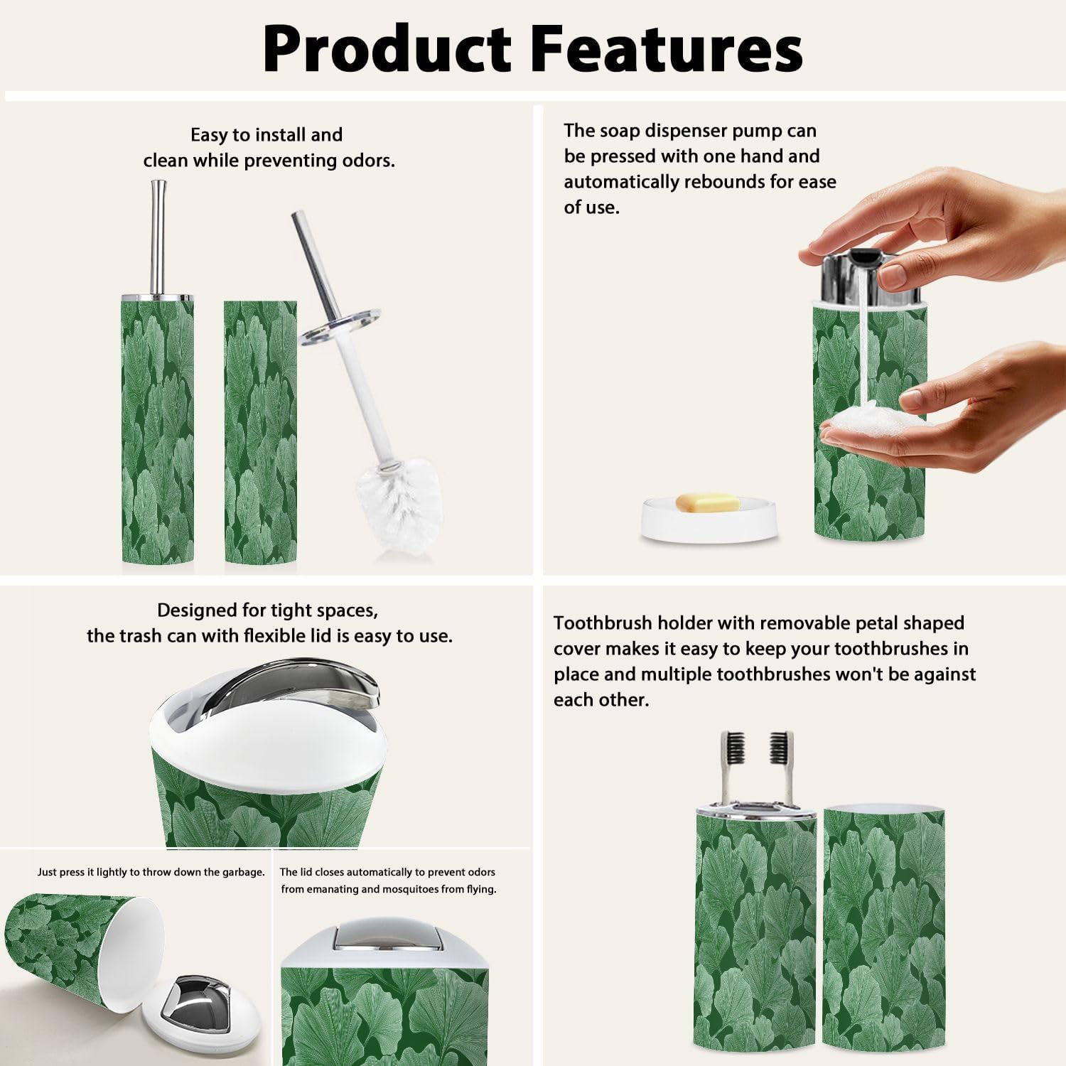 Boho Ginkgo Leaf Bathroom Accessory Set 6 Piece