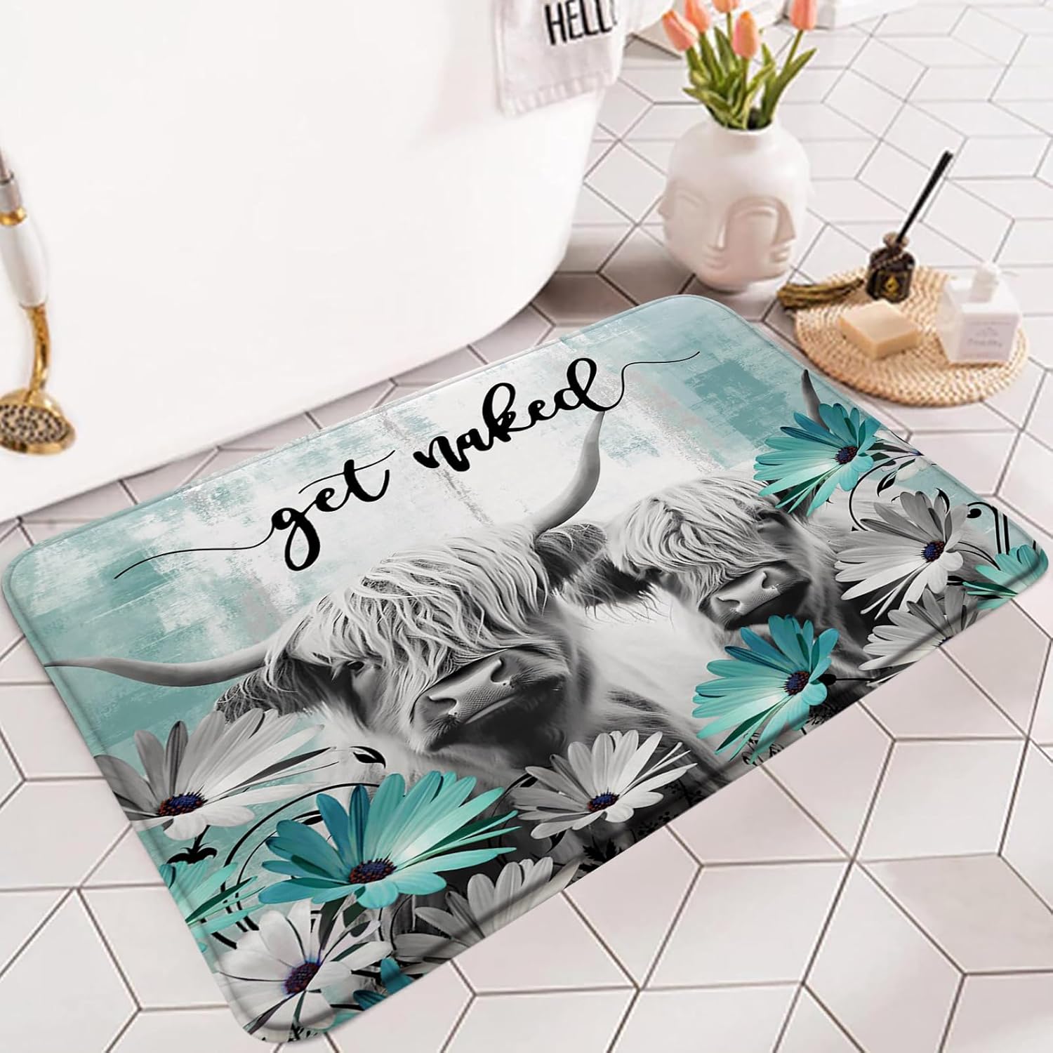 Highland Cow Bath Rug - Teal Daisy Floral Design