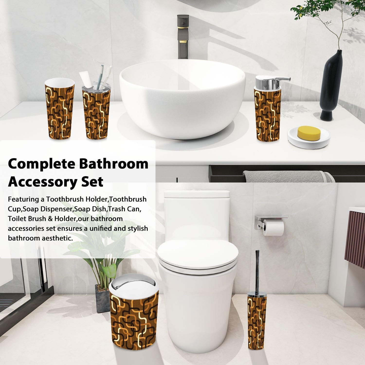 Boho Abstract Geometric Chain Bathroom Accessories Set 6 Piece