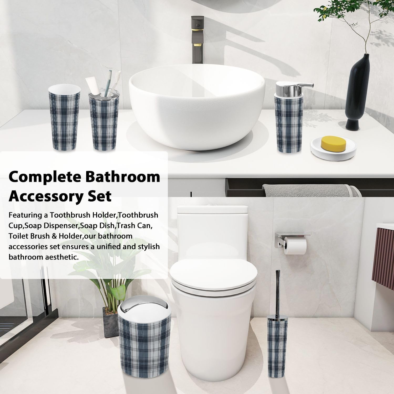 Boho Blue Grey Plaid Bathroom Accessory Set 6 Piece