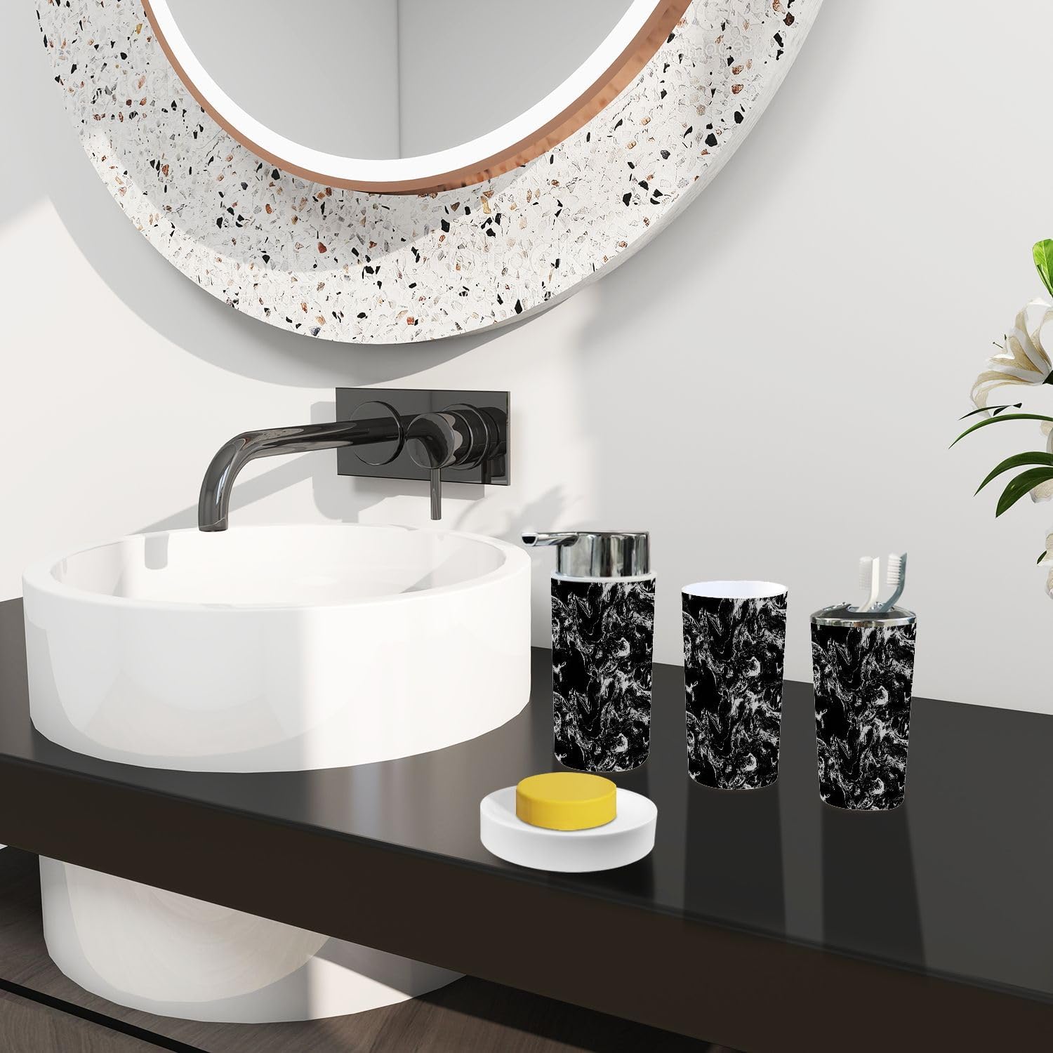 TRANQDEHOM 6-Piece Boho Marble Texture Bathroom Accessory Set
