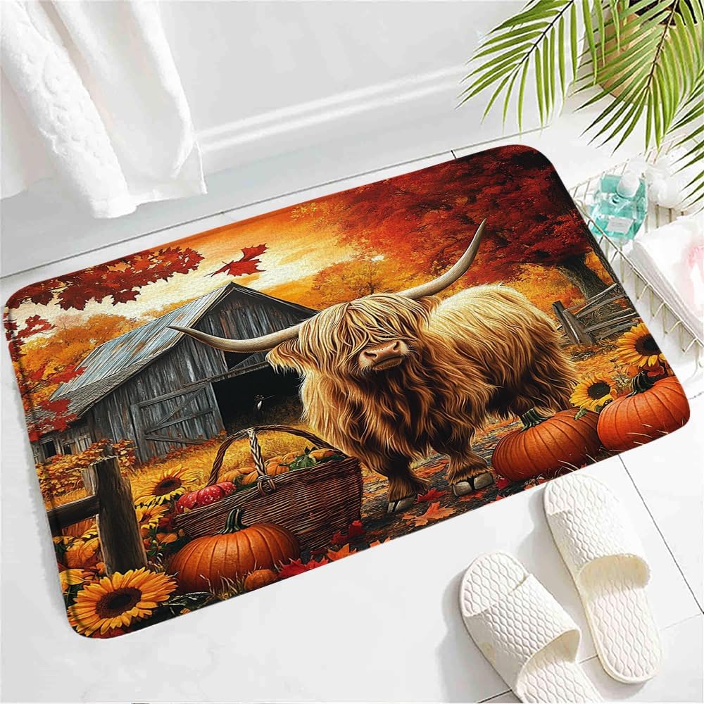 Fall Highland Cow Bath Mat with Pumpkins Sunflowers