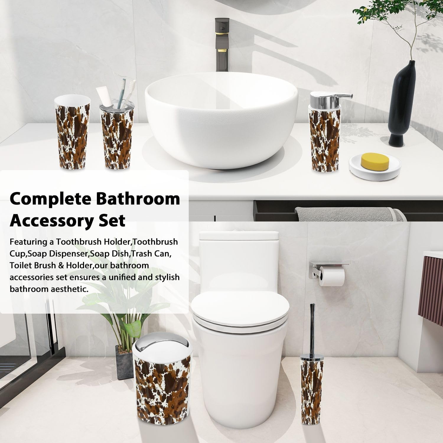 Boho Cow Leather Bathroom Accessory Set of 6