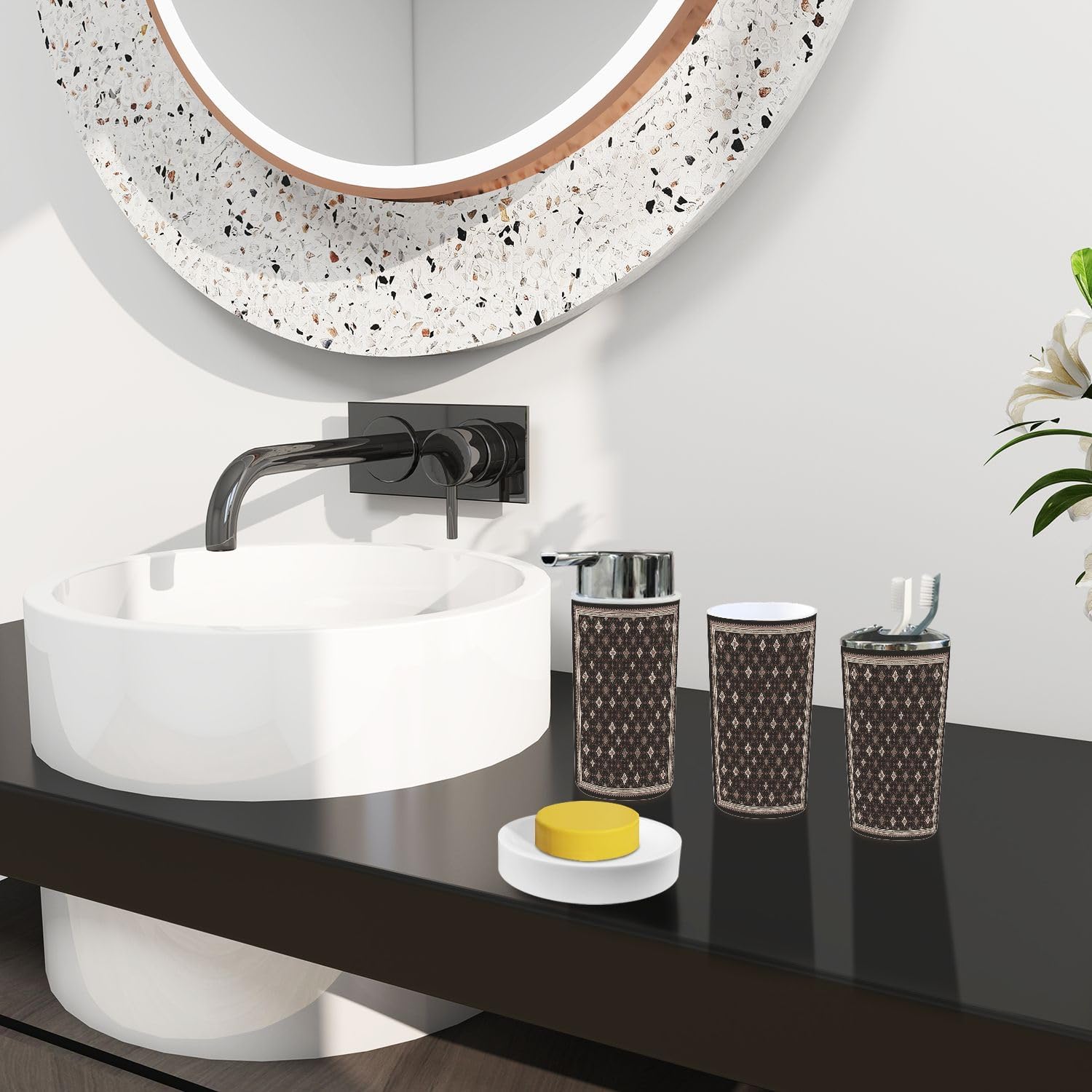 Boho Geometry Trash Can Set 6 Piece Bathroom Accessories