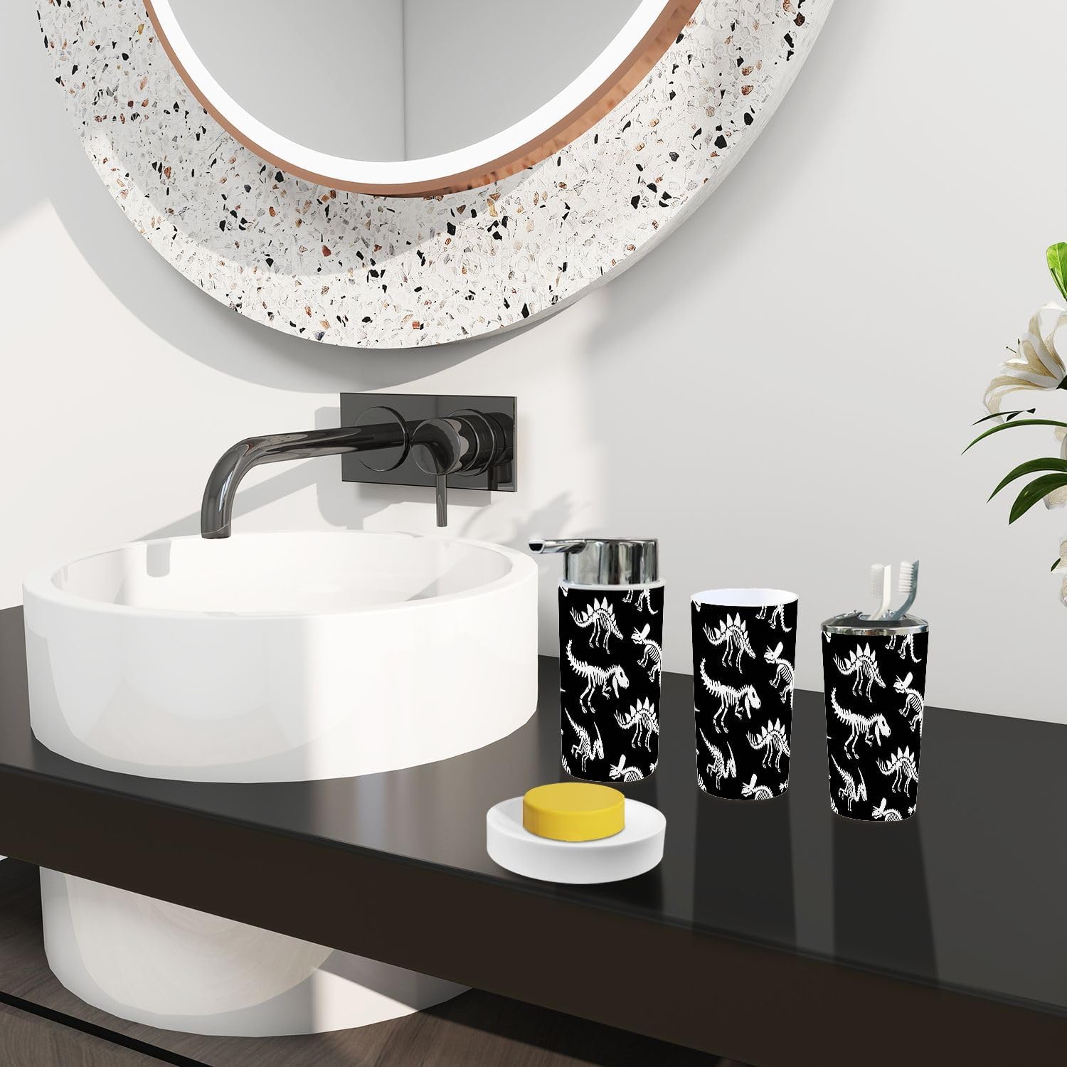 Boho Dinosaur Skeleton Fossil Bathroom Accessories Set 6 Piece
