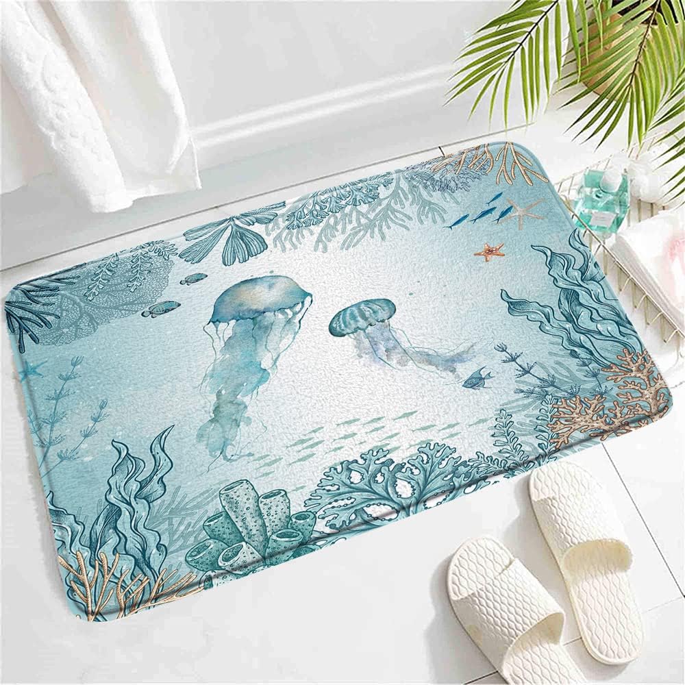 SATRTUD Beach Jellyfish Bath Mat - Nautical Design Non-Slip Rug