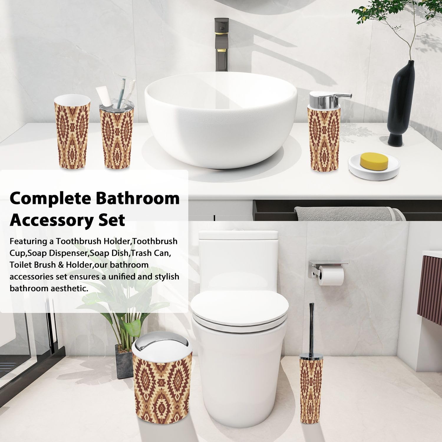 Boho Geometric Bathroom Accessory Set 6 Piece 1