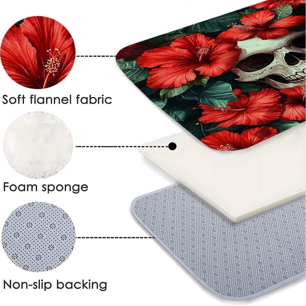 Floral Skull Bath Mat - Halloween Decor 24x16Inch
