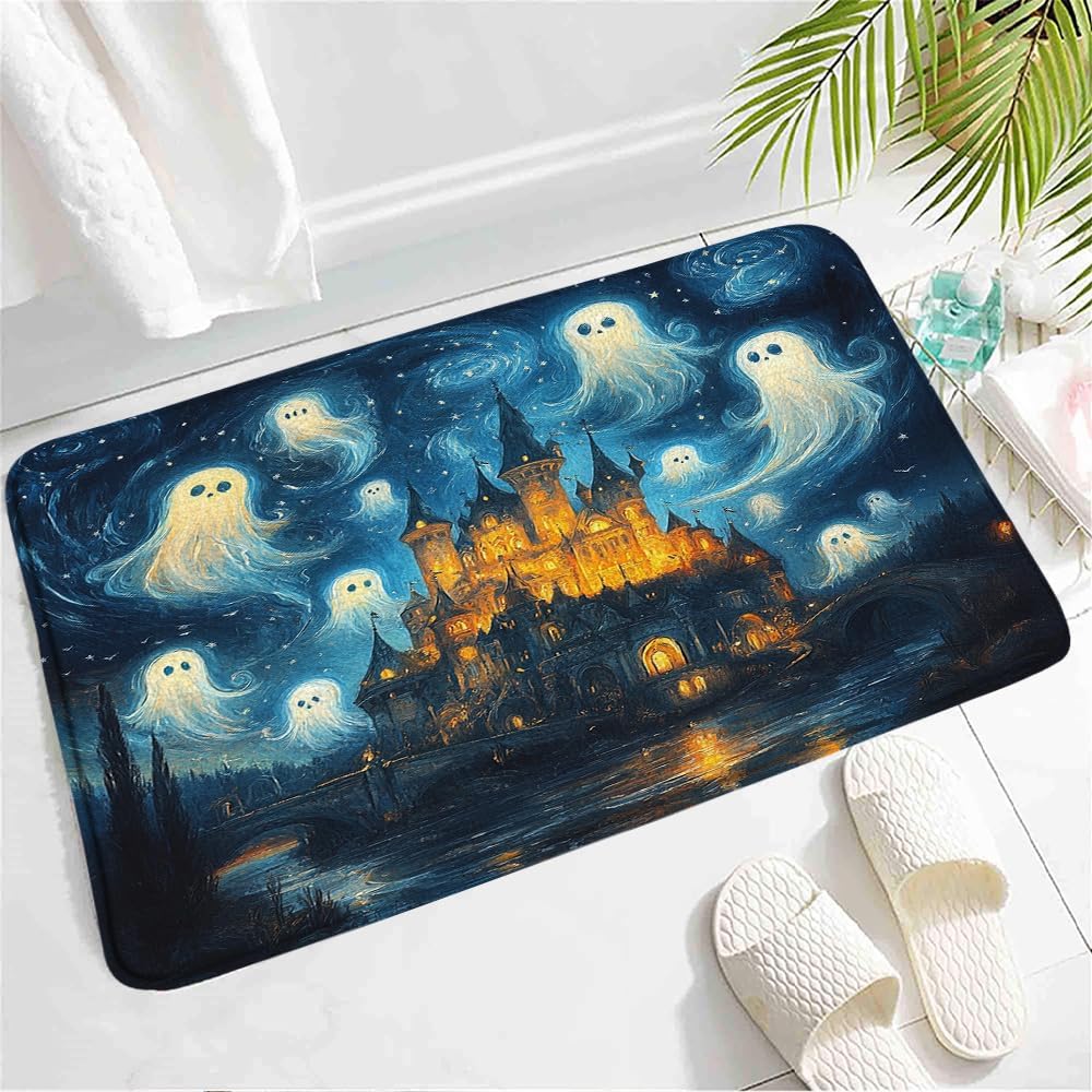 Castle Ghost Bath Mat with Blue Starry Sky Design