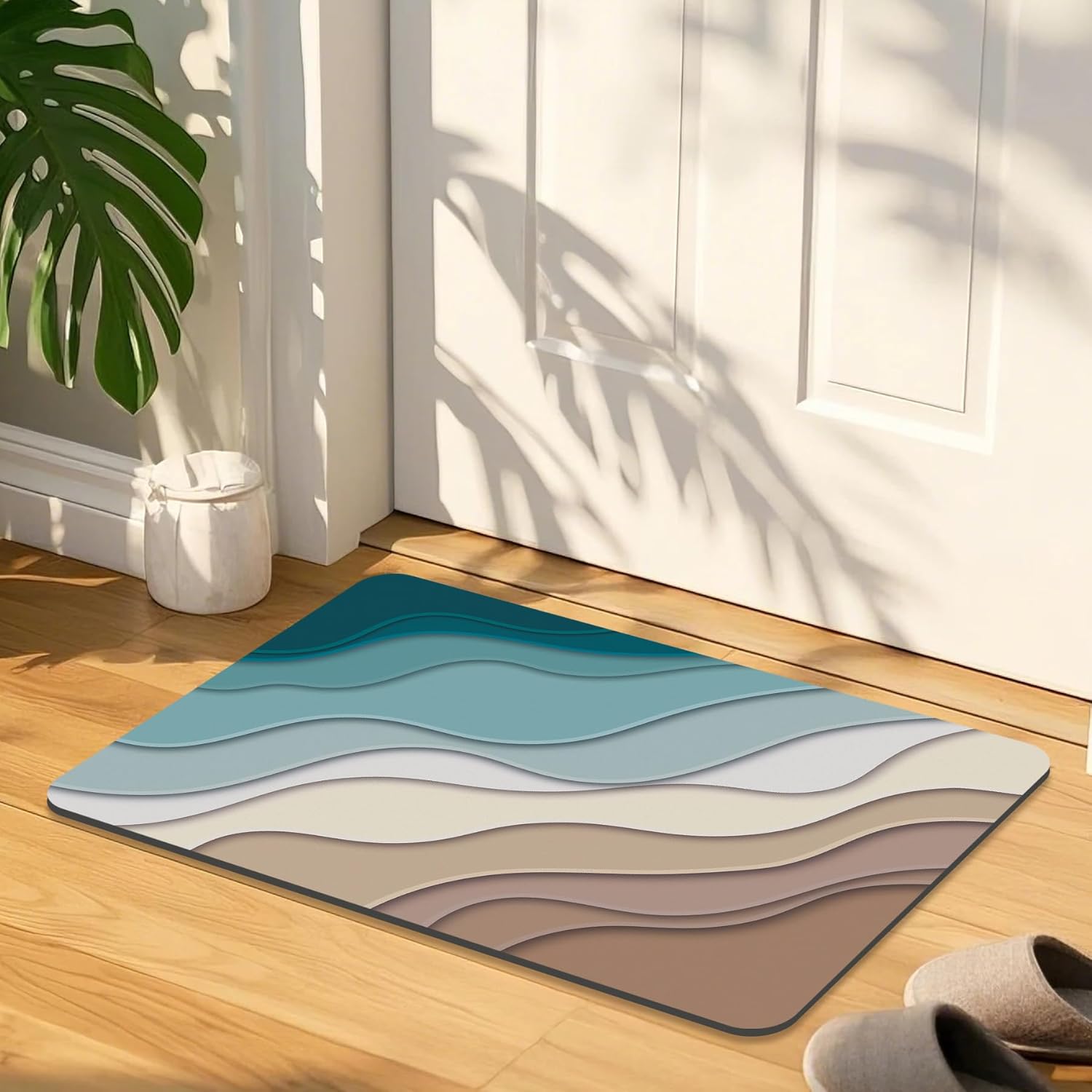Teal Blue Geometric Bath Rug - Non Slip Quick Dry 16x24