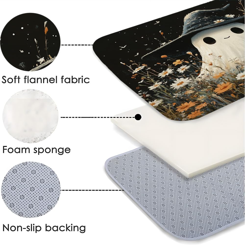 Spooky Halloween Bath Mat with Witch Hat and Wildflowers