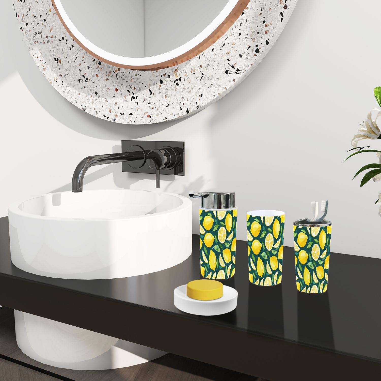 Bathroom Accessory Set 6 Piece Lemon Pattern 1