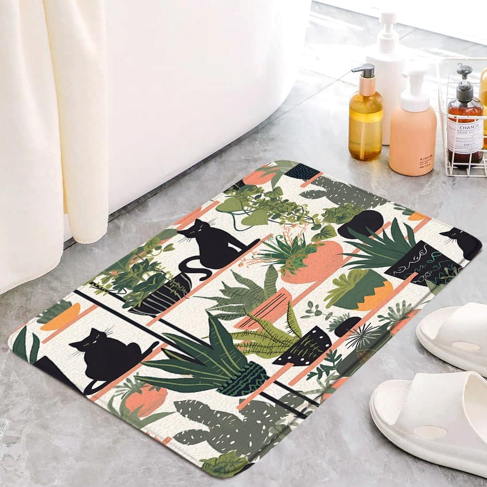 Memory Foam Bath Mat with Tropical Plants Design