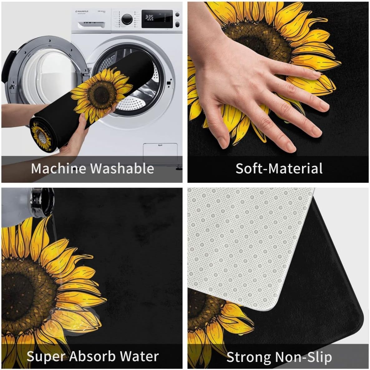 Sunflower Pattern Bathroom Rug with Non-Slip Back