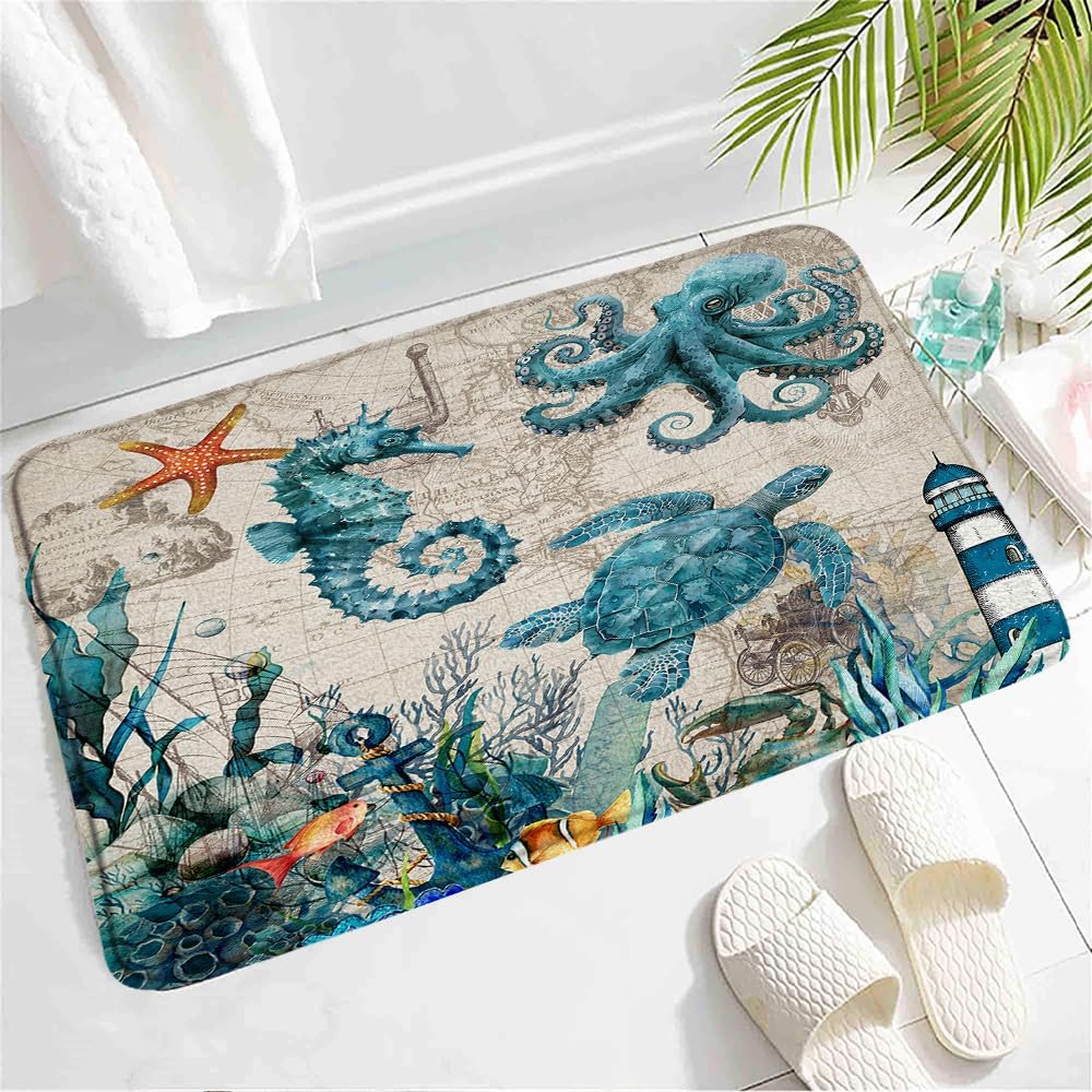Nautical Turtle Bath Mat - Non-Slip Waterproof 24x16 Inch