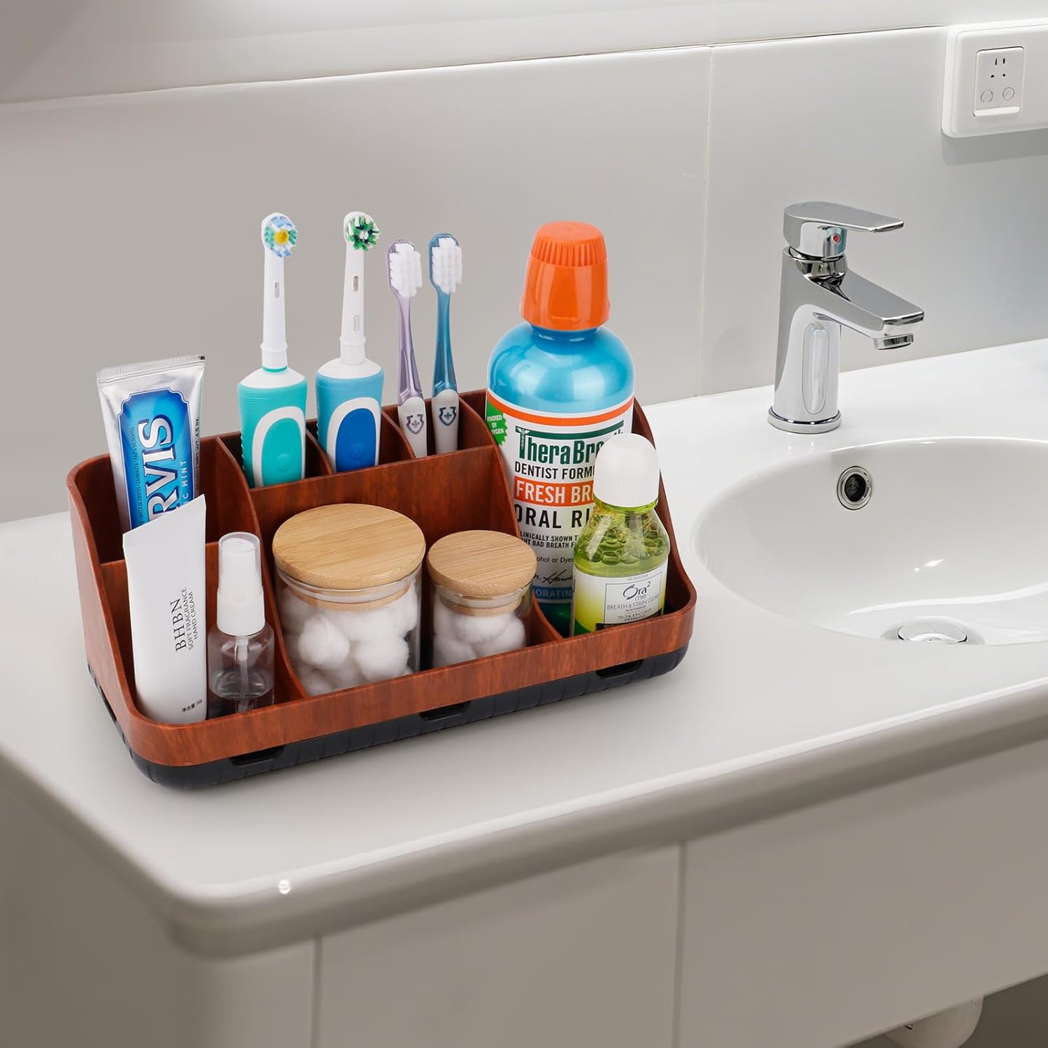 Red Wood Bathroom Storage Organizer with 7 Slots