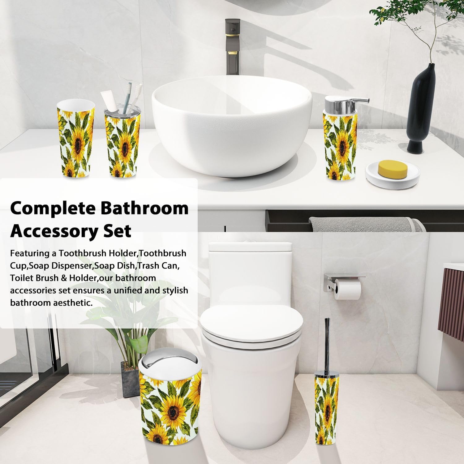 Boho Sunflowers Bathroom Accessory Set 6 Piece
