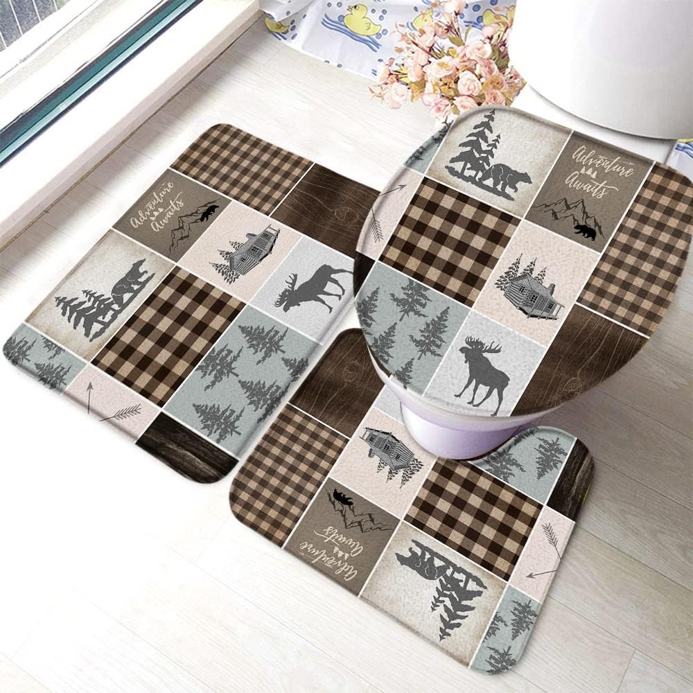 3 Piece Rustic Bear Bath Mat Set with Toilet Lid Cover