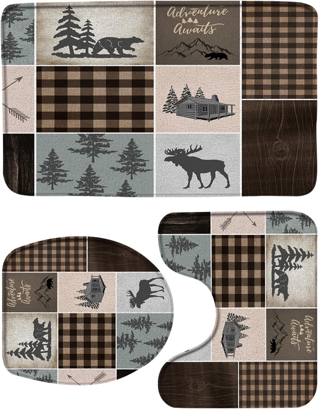 3 Piece Rustic Bear Bath Mat Set with Toilet Lid Cover