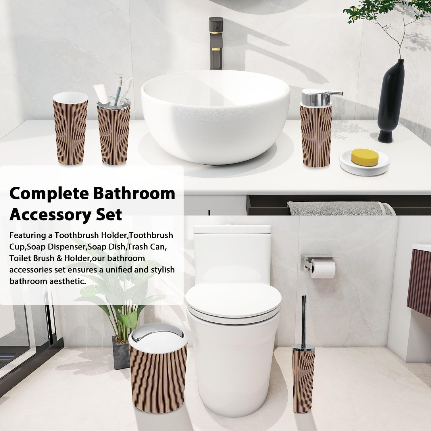 Boho Bathroom Accessory Set 6 Piece Modern Wooden Design