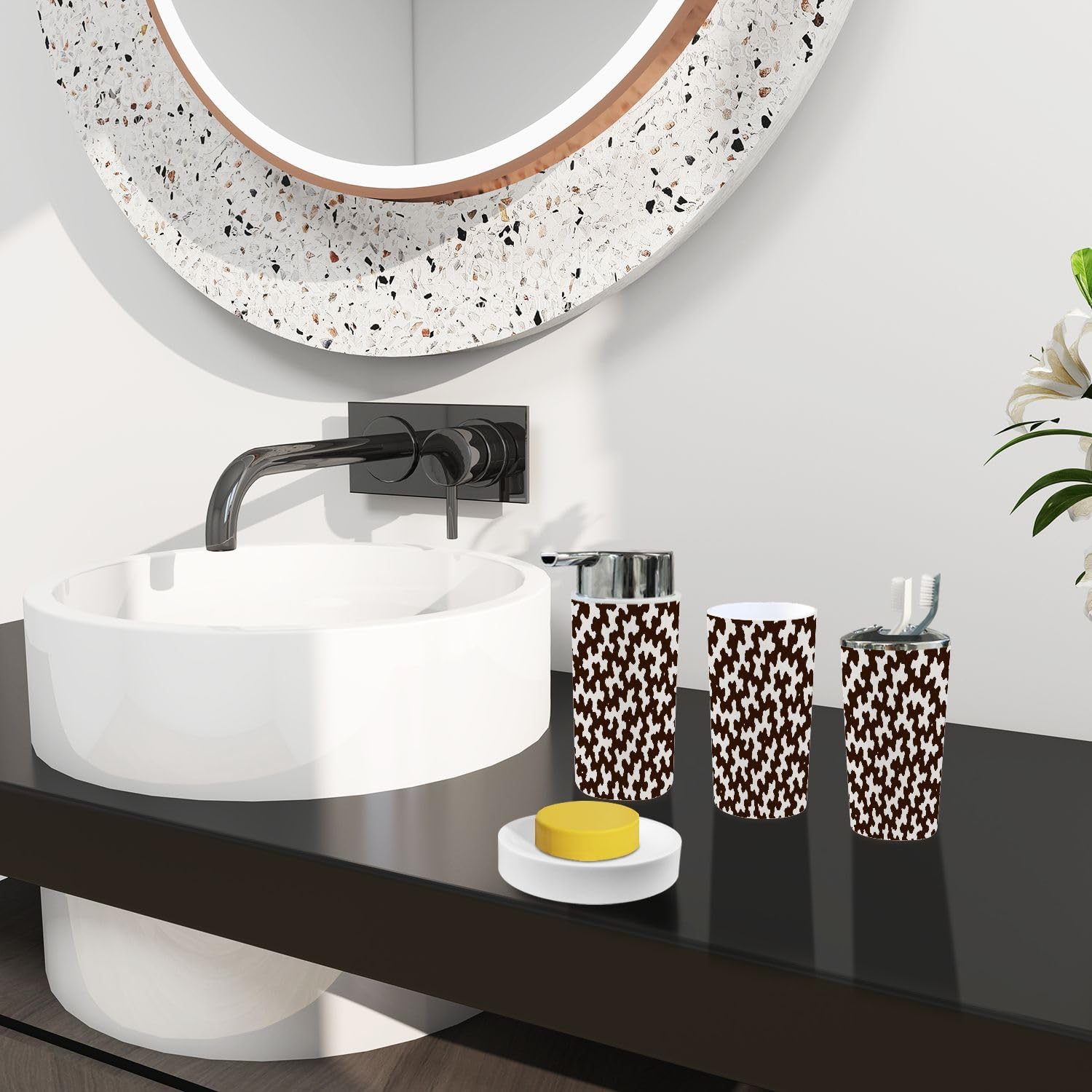Boho Brown Cowhide Trash Can Set 6 Piece Bathroom Accessories