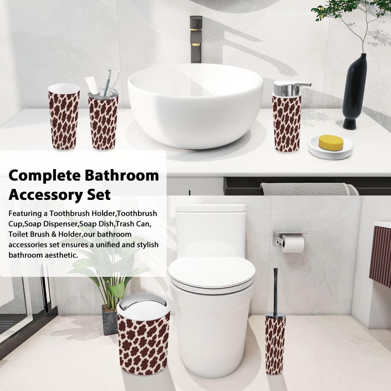 Boho Animal Print Bathroom Accessory Set 6 Piece
