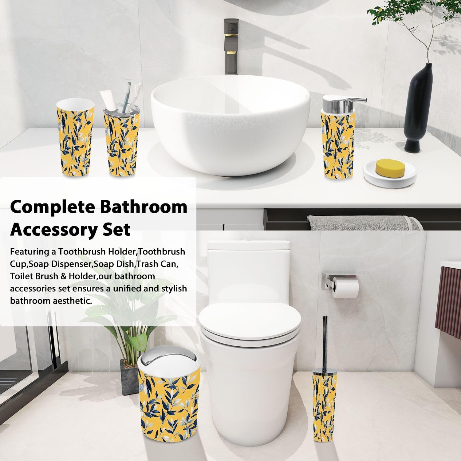 Boho Blue Grey Bathroom Accessory Set 6 Piece