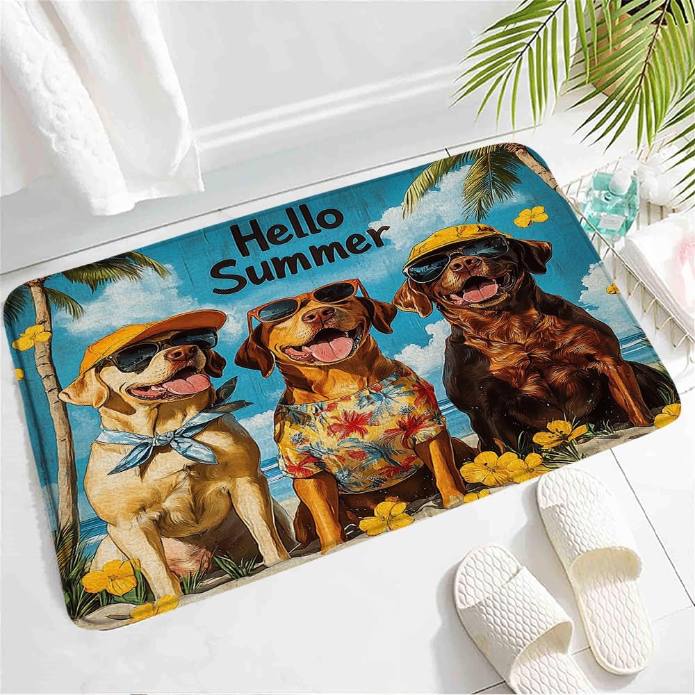 Funny Beach Dogs Bath Mat - Tropical Nautical Animals Rug