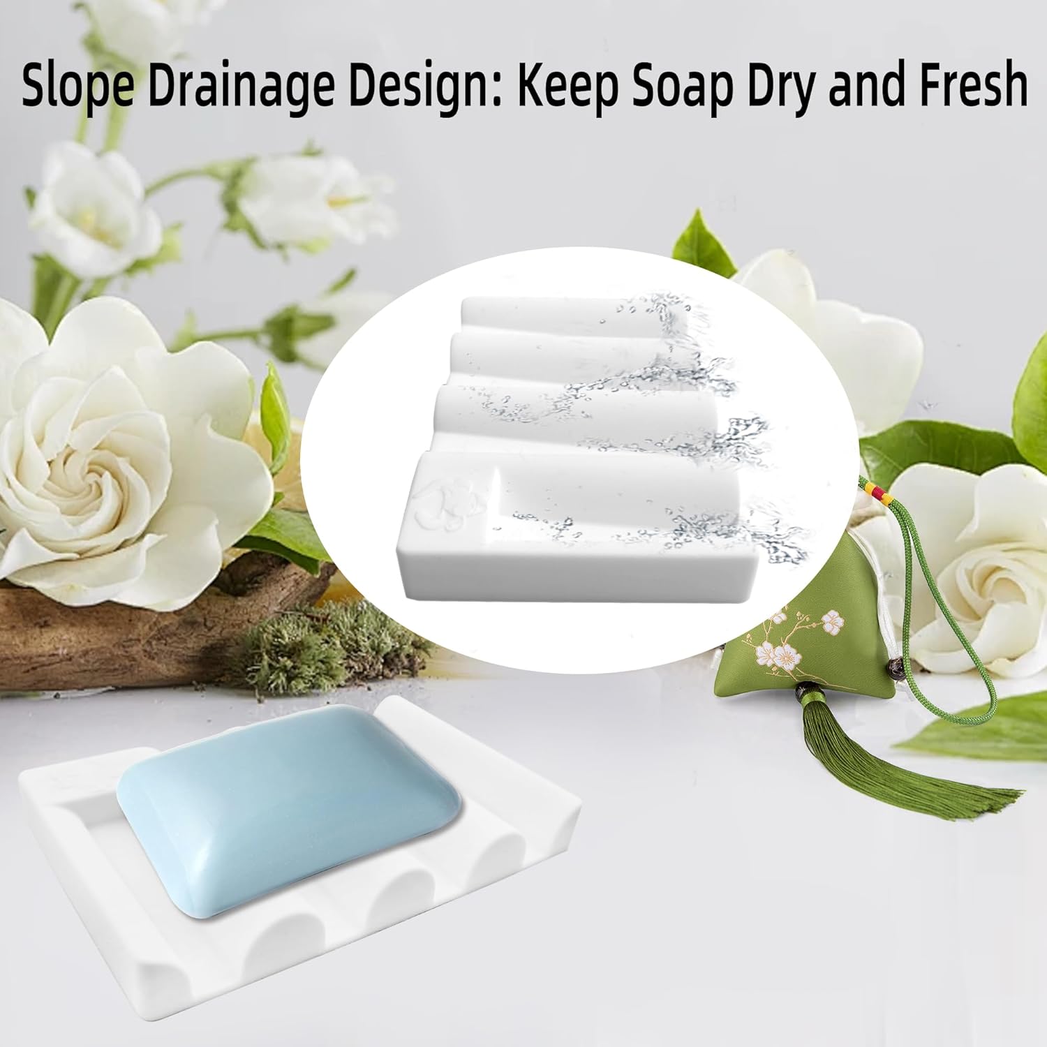 Coipdfty Wave Design Silicone Soap Dish Non-Slip Quick-Drying 2-Pack White
