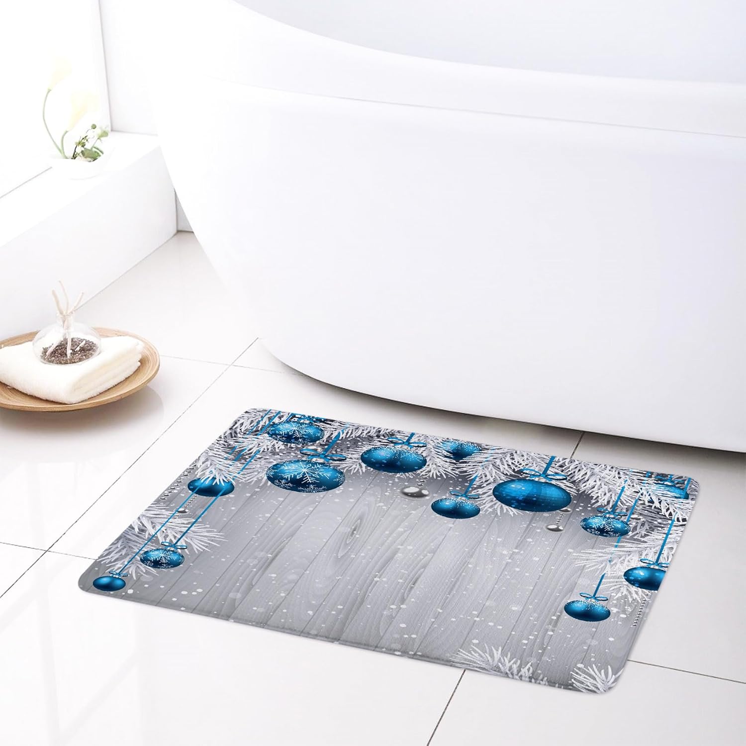 HVEST Blue Christmas Ball Bath Mat 15X23 Inches