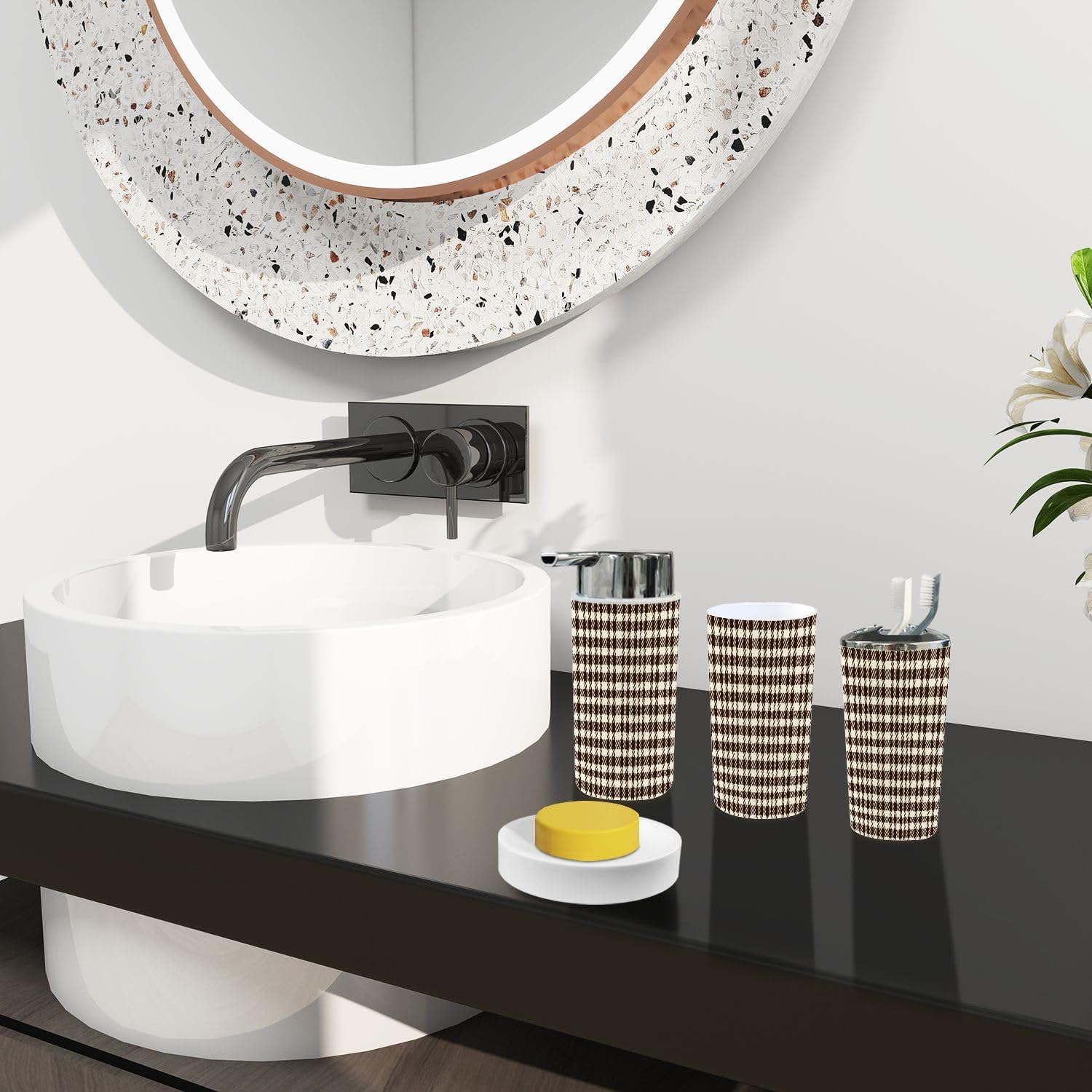 Boho 6-Piece Bathroom Accessory Set in Brown Houndstooth