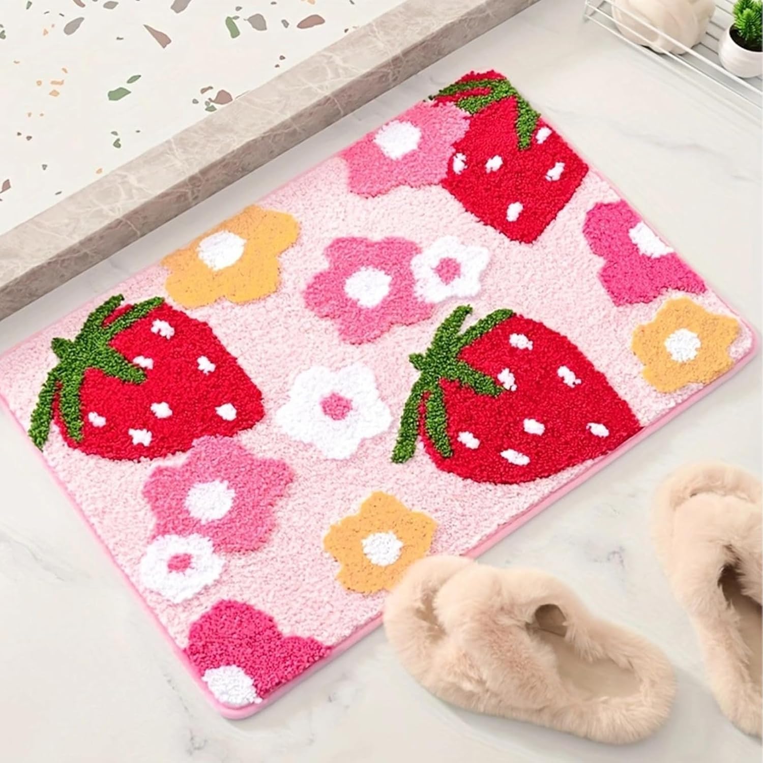 AEIOFU Strawberry Flower Bath Mat 16x24 Non Slip