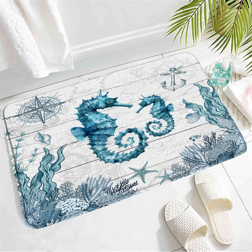 Beach Seahorse Bath Mat - Nautical Design Non-Slip