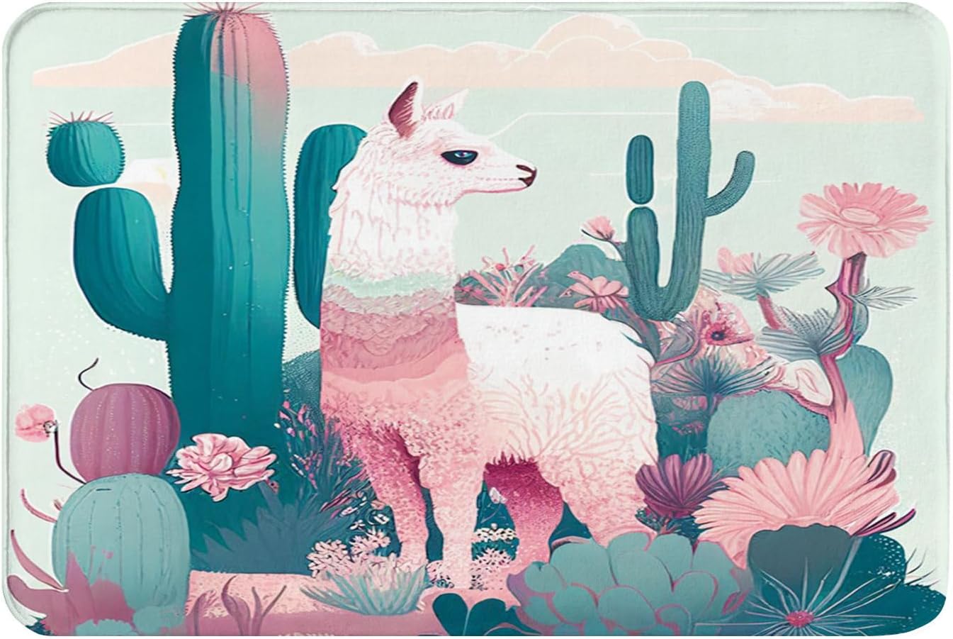 Yioniii Bathroom Mats Non-Slip 16x24in Llama Cactus Pattern