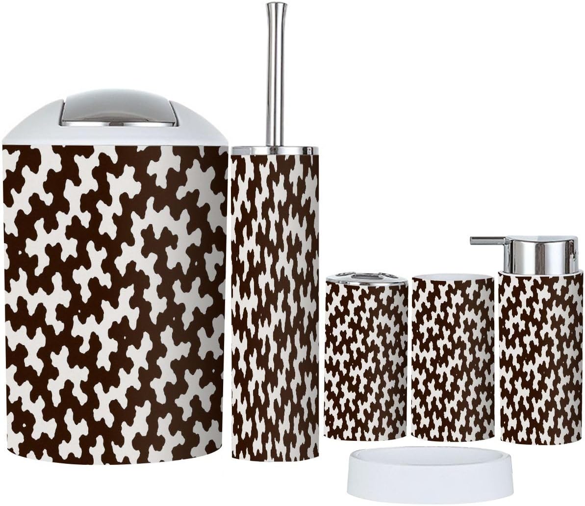 Boho Brown Cowhide Trash Can Set 6 Piece Bathroom Accessories