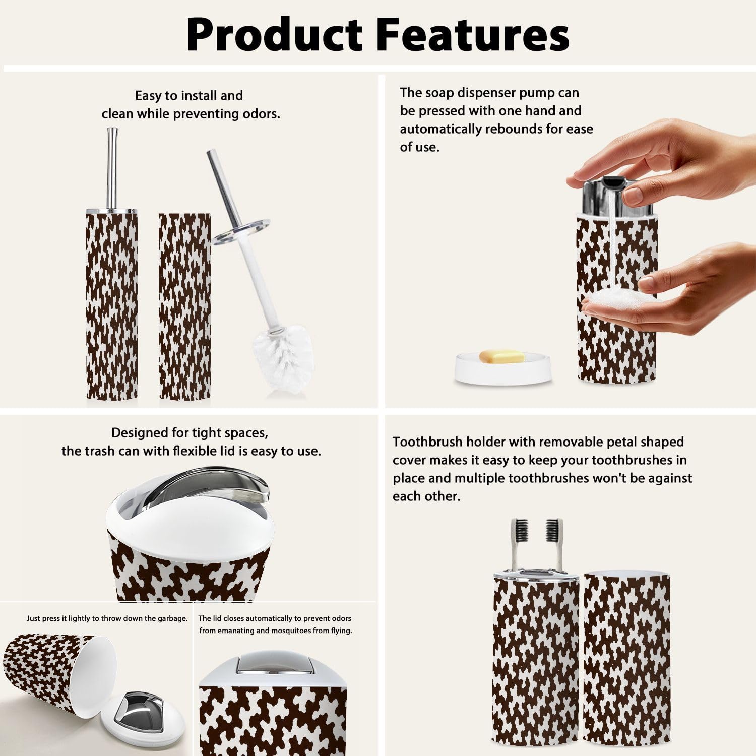 Boho Brown Cowhide Trash Can Set 6 Piece Bathroom Accessories