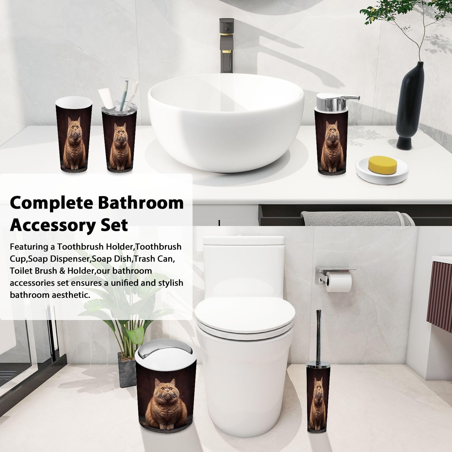 Boho Bathroom Accessory Set 6 Pieces with Trash Can and Toothbrush Holder