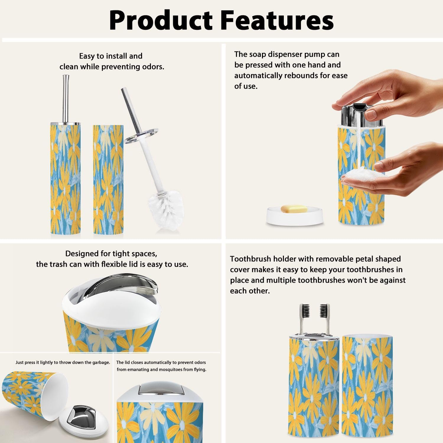 Boho Floral Bathroom Accessory Set 6 Piece