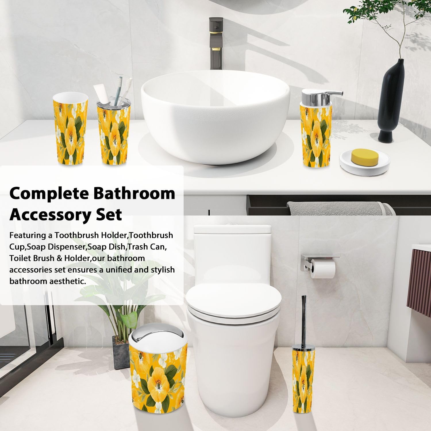 TRANQDEHOM 6-Piece Boho Floral Bathroom Accessory Set
