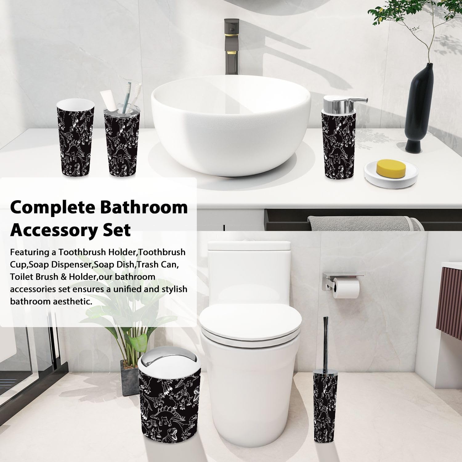 Bathroom Accessory Set 6 Piece Dino Pattern