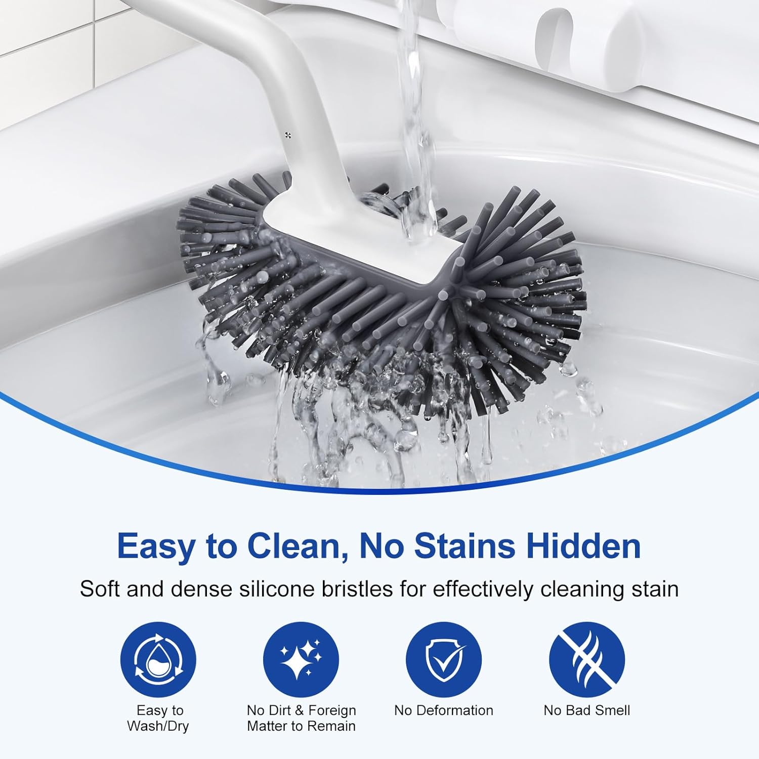 HAMITOR Toilet Brush Holder Set with Curved Bristle and Silicone Head