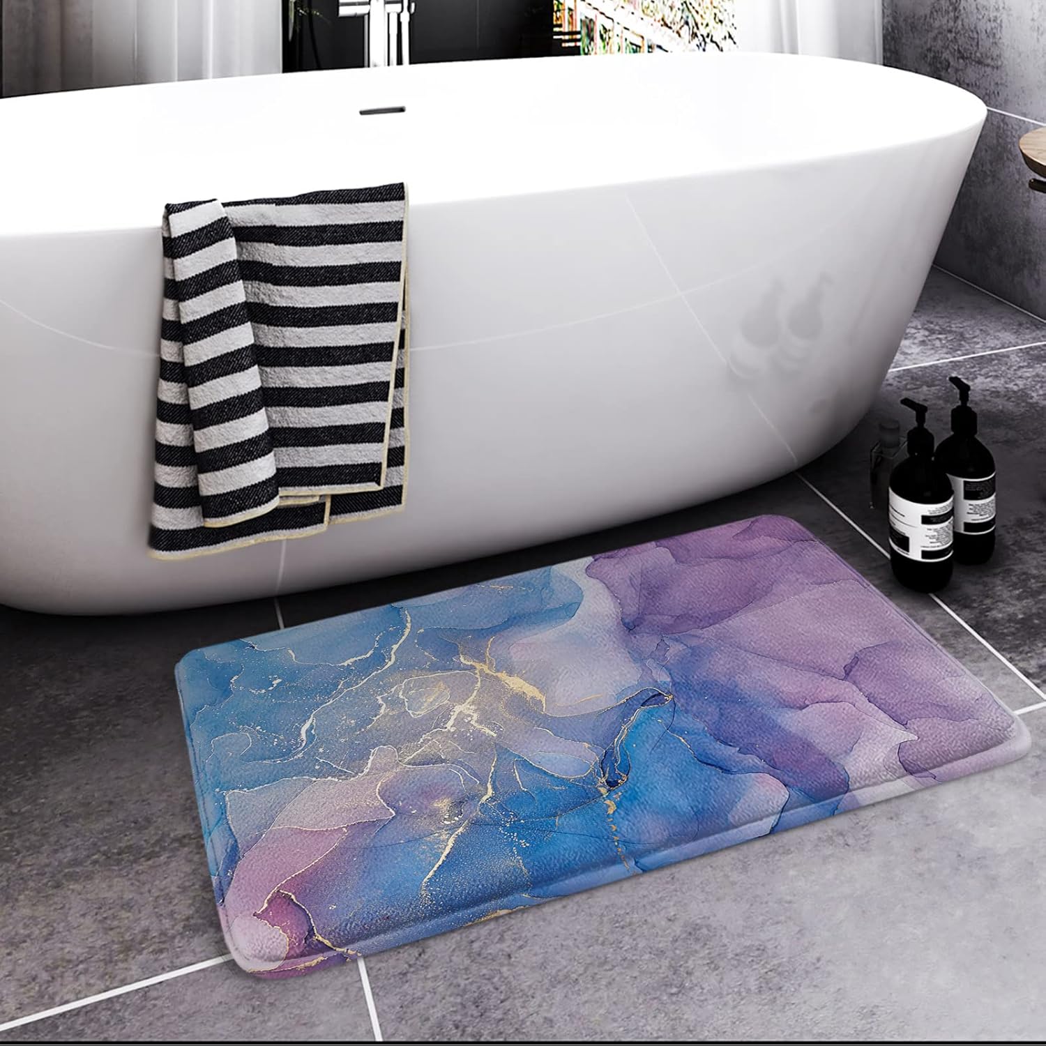 Britimes Blue Purple Bath Mat with Marble Texture