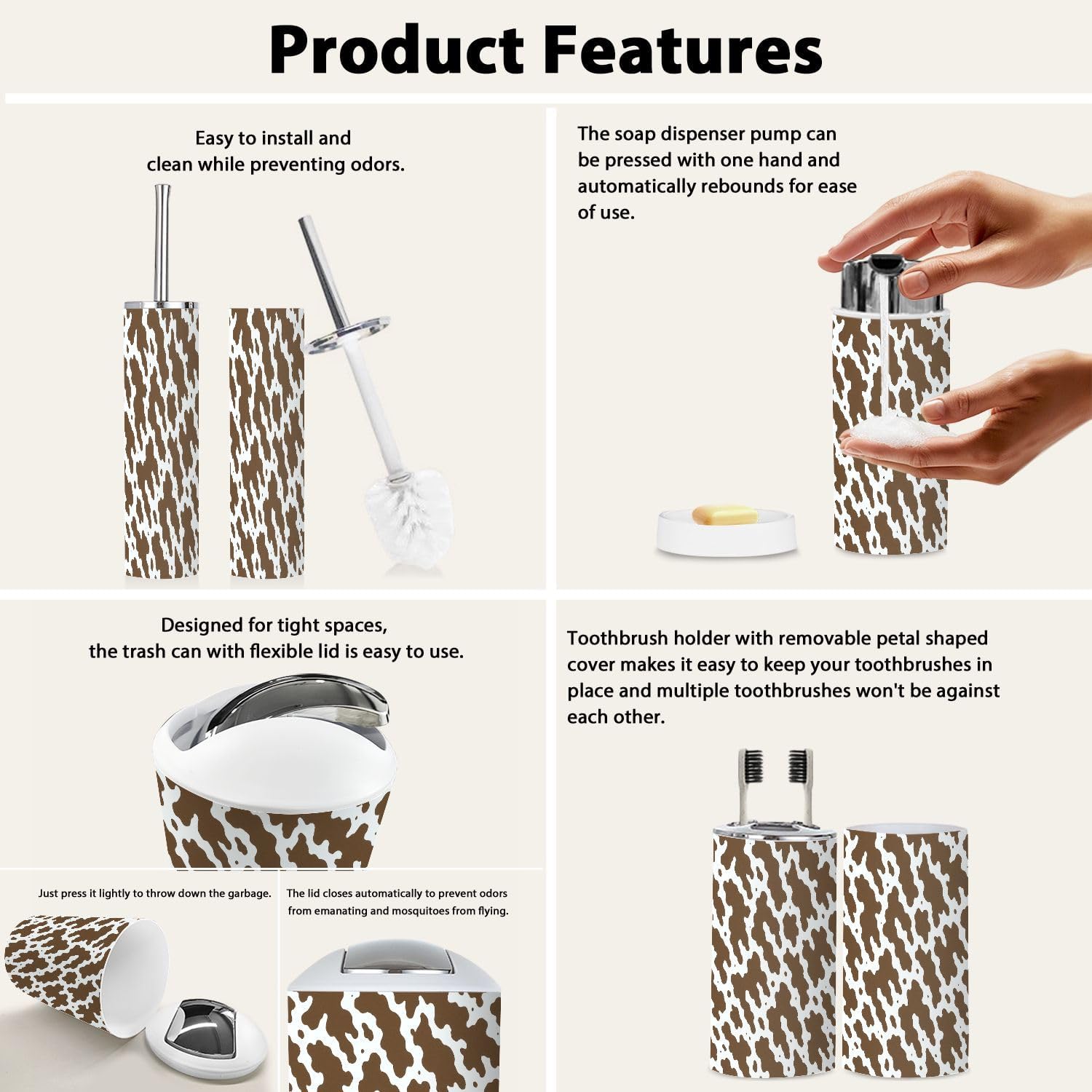 6 Piece Boho Cow Skin Brown Bathroom Accessory Set