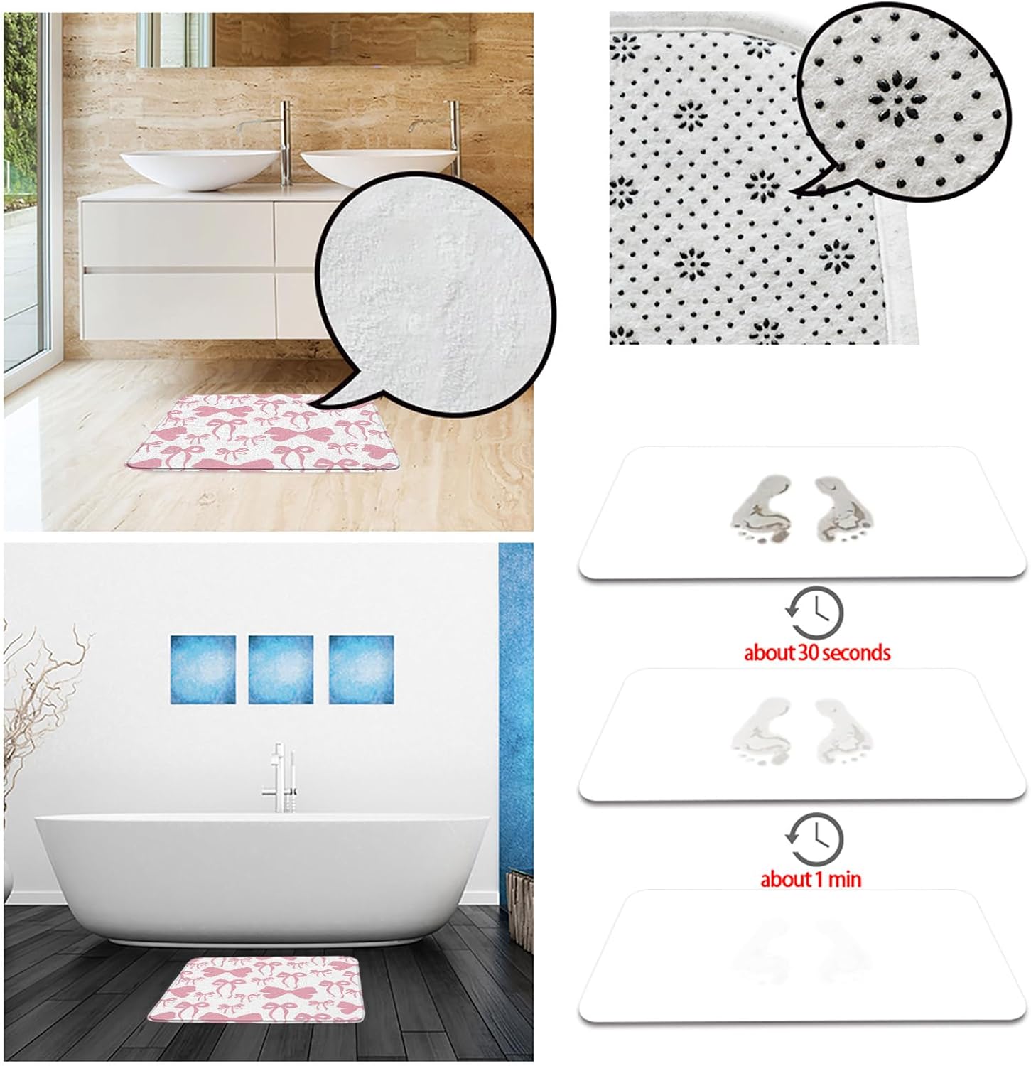 Pink Bow Bath Rug 16x24 Inch Microfiber Memory Foam