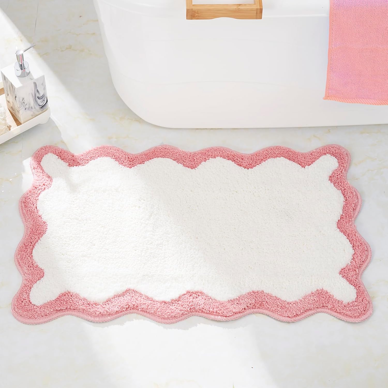 White Bath Mat with Pink Scalloped Edge 30x20