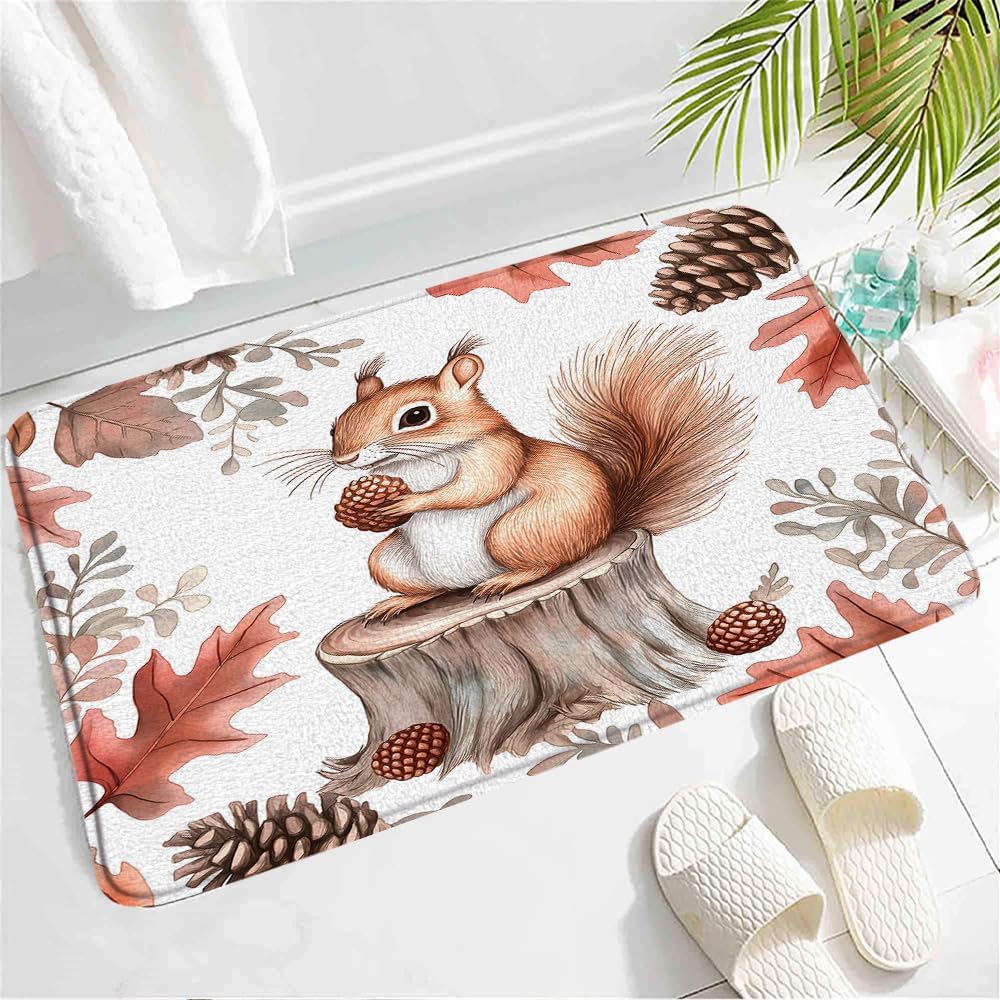 Fall Squirrel Bath Mat with Non-Slip Backing