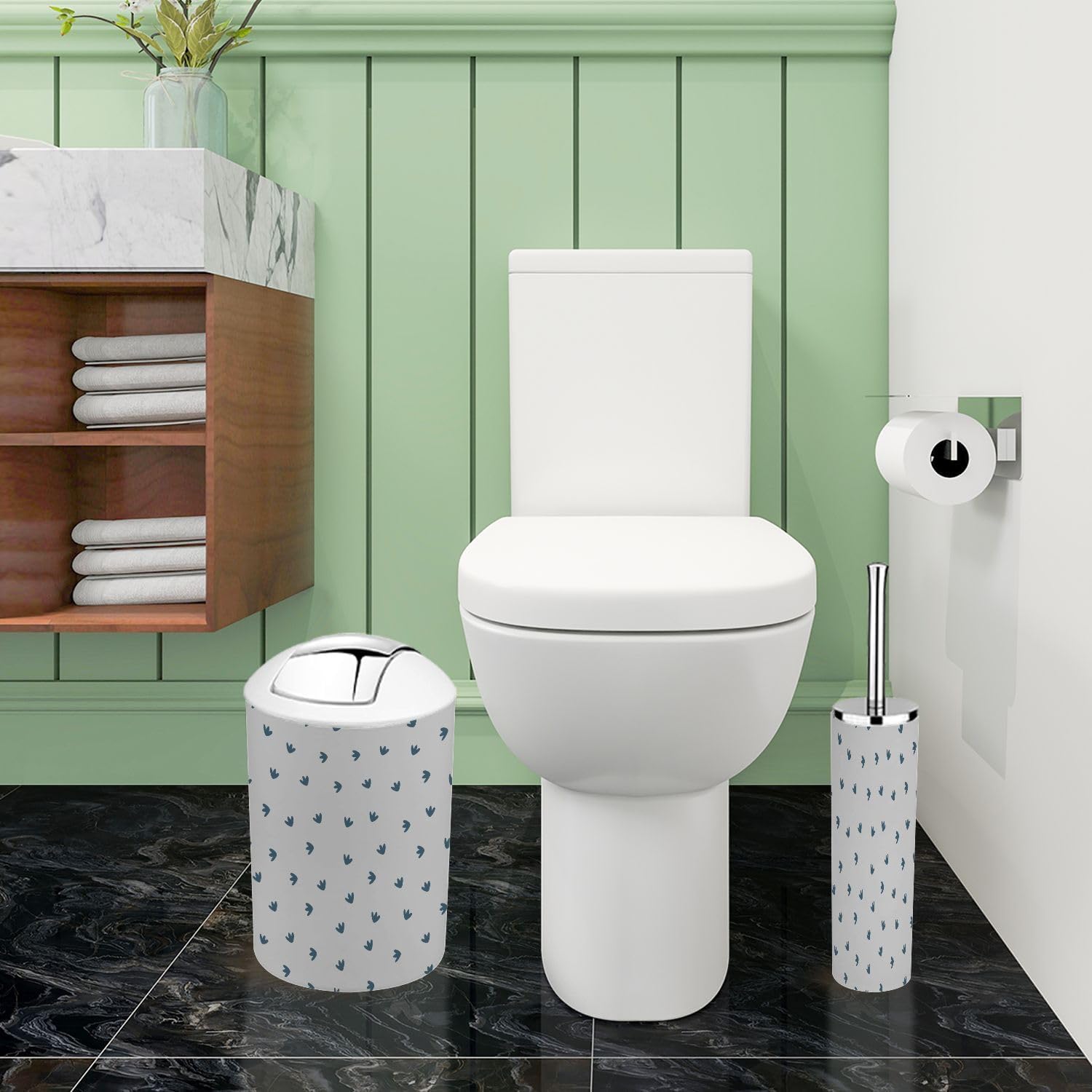 Boho Dinosaur Footprints Gray Bathroom Accessories Set 6 Piece