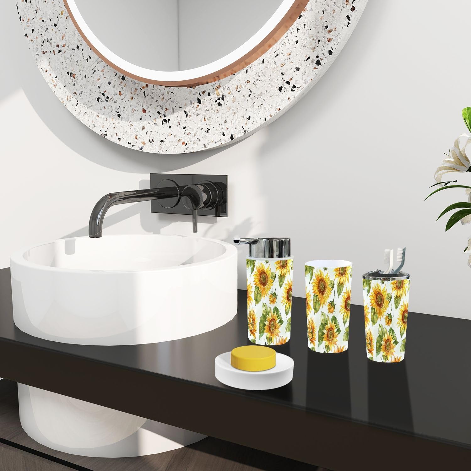 TRANQDEHOM 6-Piece Boho Sunflower Bathroom Accessory Set