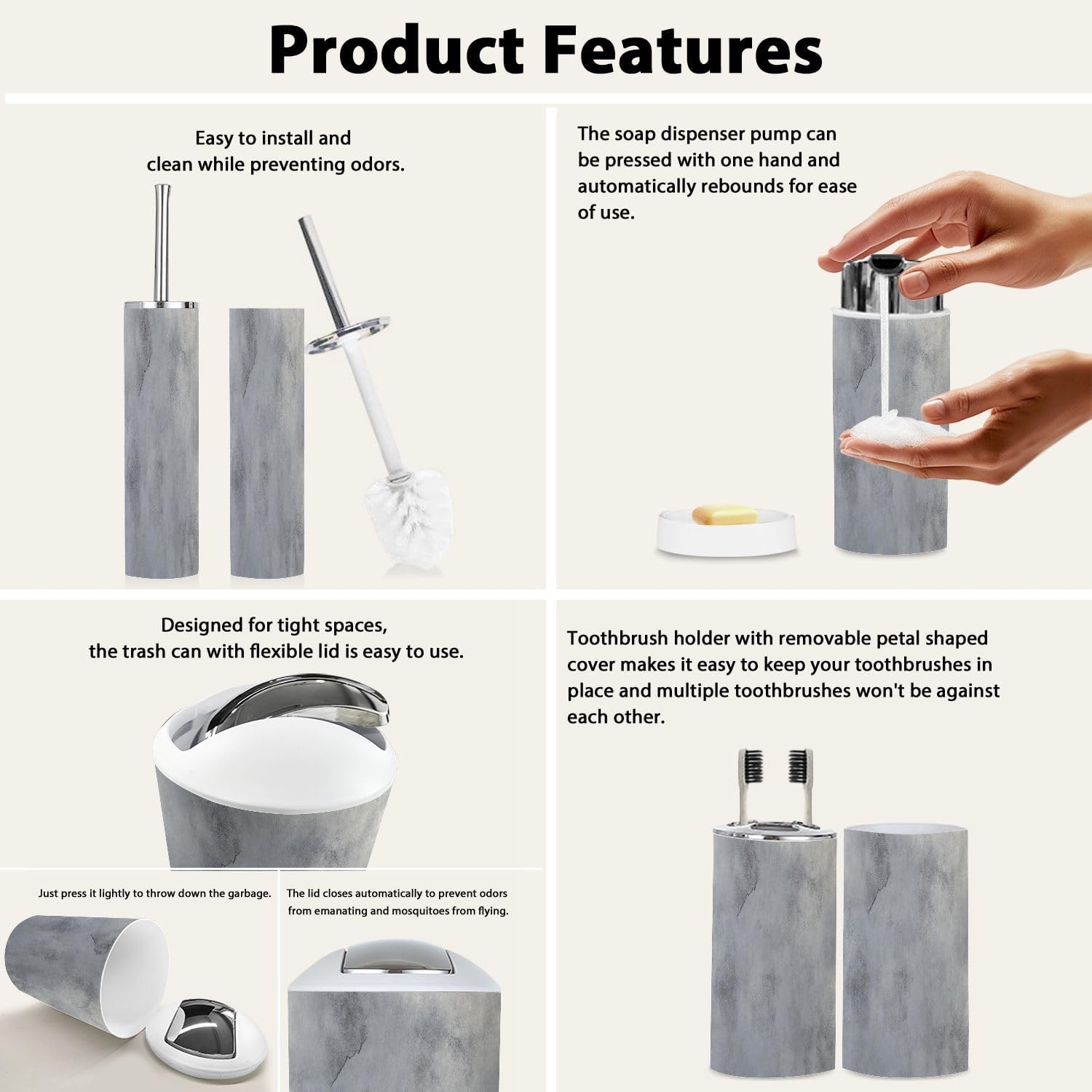 Boho Style 6 Piece Bathroom Accessory Set in Grey